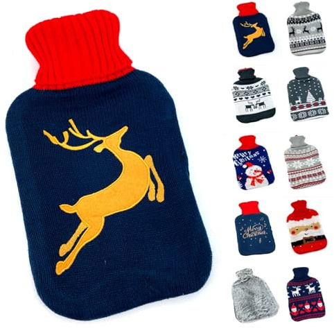 heimtexland ® Wärmflasche mit Soft Strick Bezug waschbar Motiv Geschenk Weihnachten Fell Norweger Wärmkissen Wärmeflasche 1,6 ltr Typ857 Goldener Hirsch