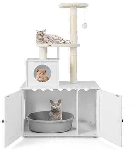 COSTWAY Casa de Madera para Gatos, con Torre Rascadora y Caja de Arena, Todo en 1, con Escondite y División, Mueble para Gatos en Interiores (Blanco)