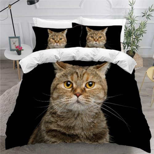 MEVASA Bettwäsche 135x200 Katze Bettwäsche-Set 3 Teilig 3D-Druck Süßes Kätzchen Schwarz Bettbezug 135x200 mit Reißverschluss Weiche Mikrofaser Kinderbettwäsche mit 2 Kissenbezug