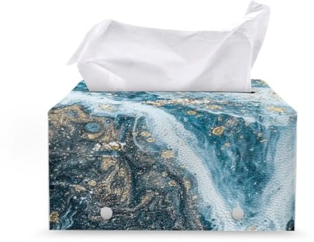 COEQINE Taschentuchbox-Abdeckung, rechteckig, Leder, Blau und Gold, Marmor-Thema, rechteckiger Taschentuchbox-Halter, dekorativer Würfel-Papier-Organizer für Tisch, Büro, Auto, Badezimmer, F95-129-25