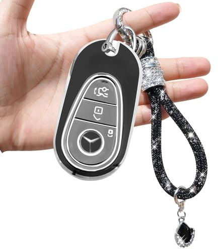 Yumzeco Kompatibel mit Mercedes Benz Schlüsselhülle,3 Buttons 2020-2025 Mercedes Benz Schlüssel Hülle S G E GLC EQE EQS 300 350 450 500 560,mit glänzendem Diamant Schlüsselband Schutzhülle-Schwarz