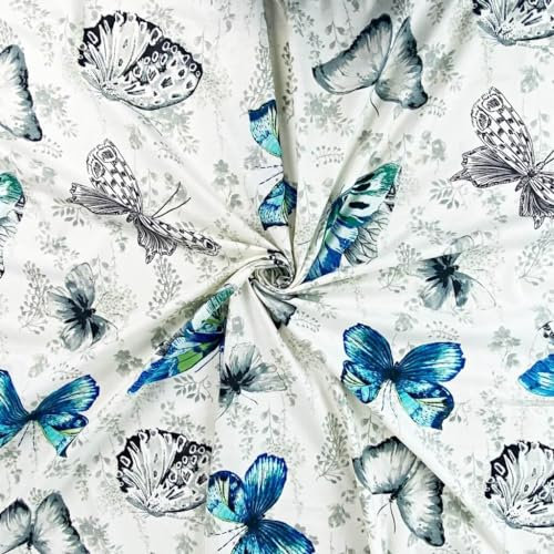 Hochwertiger bedruckter Stoff für kreative Nähprojekte | Baumwollstoffbündel mit Print | Bedruckte Baumwolle mit Tiermuster (Saphirgraue Schmetterlinge auf gebrochenem Weiß)