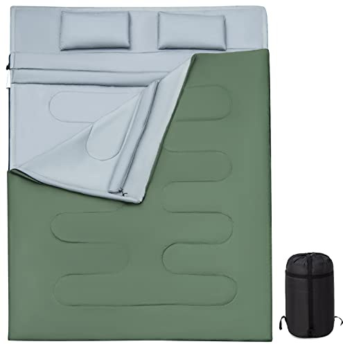 GOPLUS Sac de Couchage Imperméable pour 2 Personnes Détachable avec 2 Oreillers-Un Sac Livré Facilite Le Rangement et Le Transport-Camping,Randonnée, 220X150CM (Vert)