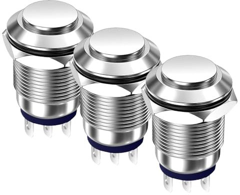 Gebildet 3Pezzi 12mm Pulsante Momentaneo Impermeabile in Metallo 3pin NO/NC Pulsante On Off 0.3A 12V/24V/125V/250VAC (Testa Alta)