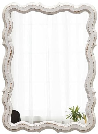 Sintosin Landhaus Badspiegel Rechteckig 33 x 45 cm, Distressed Weiß Dekorative Wandspiegel mit Holzrahmen, Vintage Spiegel Wand für Wohnzimmer, Schlafzimmer, Badezimmer, Flur, Horizontal oder Vertikal
