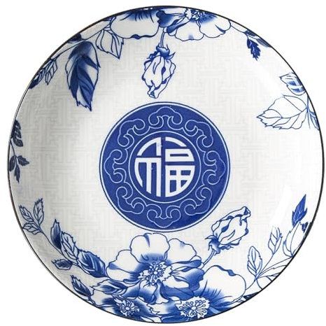 NAWVNMI Chinese Style Ceramic Dinner Plates 1 Piece - 8/9/10 Inch Porcelain Round Flat Plate - Chinese Classic Blue and White Porcelain Dinner Plate for Salad, Pasta, Dessert,Chinese Fu,8Inch