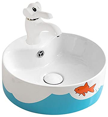 Lavabo de la salle de bain Petit évier de salle de bain adapté aux enfants, bassin rond rond mignon/couteau de comptoir en céramique et ensemble de robinet (avec débordement) Vanité de lavabo