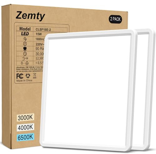 zemty 2Pack Deckenlampe LED Deckenleuchte Flach, 3Farben - 3000K/4000K/6500K, IP44 Wasserfest Quadrat Badlampe Decke, 1800LM Modern LED Decklit für Flur küche Badezimmer Schlafzimmer Büro, Ø18CM