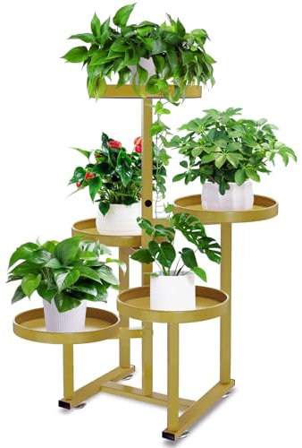 jsyonii 5 Tier Plant Stand Indoor Tall, Corner Metal Tiered Plant Shelf Outdoor for Multiple Flower Pot, Iron Holders Rack Display for Garden Patio Living Room Balcony Bedroom, Gold