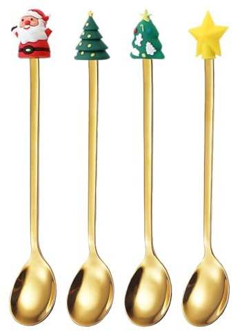 Weihnachtslöffel Set, Geschirr Weihnachten Weihnachtsgeschirr, Weihnachtslöffel Kaffeelöffel, Edelstahl Kaffee Weihnachten Löffel Set, Kleine Zuhause Löffel, Dessertlöffel, Teelöffel, Gold, 4 Stück