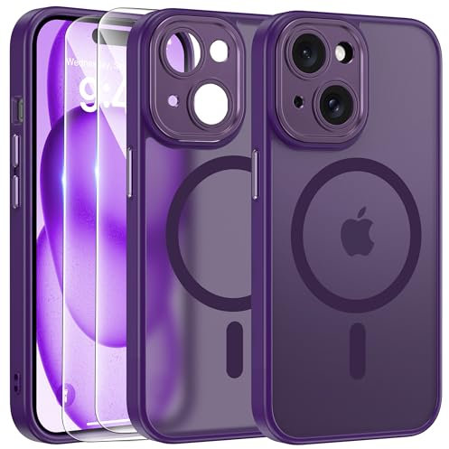 FLLAO Funda para iPhone 15, Compatible MagSafe, con 2 Piezas Protector de Pantalla Cristal Templado, [Protección de Cámara] Magnética Carcasa Translúcida Mate Trasera Fina Antigolpes, Morado Oscuro