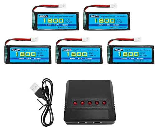 AMZZN Lot de 5 Batteries Lipo 3,7V 1800mAh 30C avec fiche Molex et Chargeur 5 en 1, compatibles avec la Plupart des Drones télécommandés, quadcopters, modèles d'avions et Mini Drones