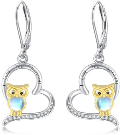 Eulen Ohrringe 925 Sterling Silber Herz Ohrringe Hängend Eulen Tropfen Mondstein Ohrringe Eulen Schmuck Geschenk Hypoallergener Ohrringe für Mädchen Damen Ehefrau Valentinstag