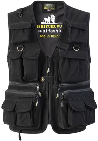 SUSHIMIAN Herren Outdoor Weste mit Vielen Taschen Jagdweste Anglerweste Multifunktionsweste Arbeitsweste Sommer Safari Weste Fischerweste mit Reißverschluss, Schwarz, XL
