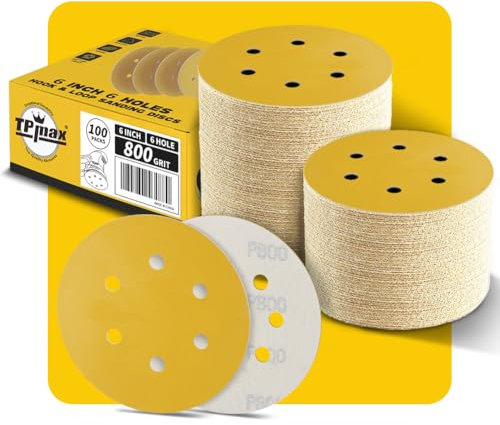 100PCS 150mm 800 Grit 6 inch 6 Hole Sanding Discs Sandpaper - Premium Gold Round Hook and Loop for Random Orbital Sander - Ideal for Wood, Metal, Automotive