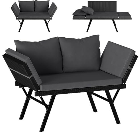 STEELSØN Gartenbank mit Auflagen Elytra, Sonnenliege Sitzbank Bank Gartenliege 4 verstellbare Positionen der Armlehne, Gartenmöbel Balkonbank 177 cm Anthrazit Poly Rattan