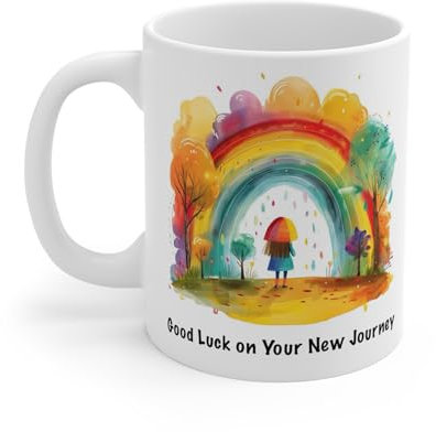 Inspirational Good Luck on Your New Journey Coffee Mug - Whimsical Rainbow and Nature Design