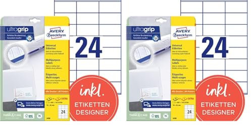 AVERY Zweckform 3490 Adressaufkleber (600 plus 120 Klebeetiketten extra, 70x36mm auf A4, Papier matt, bedruckbare Absenderetiketten, selbstklebende Adressetiketten mit ultragrip) 30 Blatt, weiß