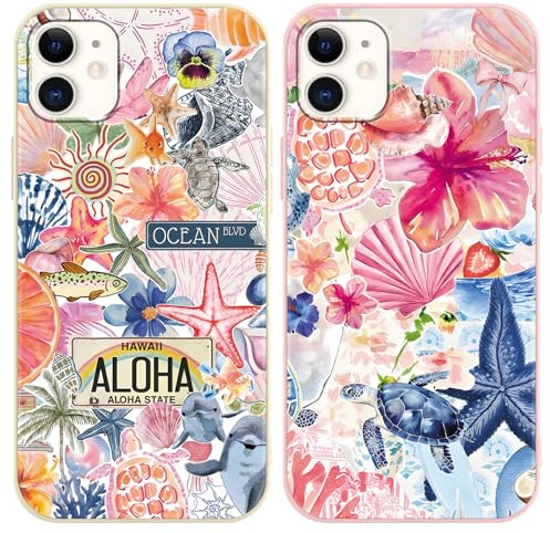 Vxinvnoi 2 Stück Handyhülle für iPhone 12/iPhone 12 Pro Hülle, Collage Motiv Aesthetic Blumen Meer Bunt Sommer Muster Mädchen Case, Weich Silikon TPU Stoßfeste Cover für iPhone 12 6,1, Beige + Rosa