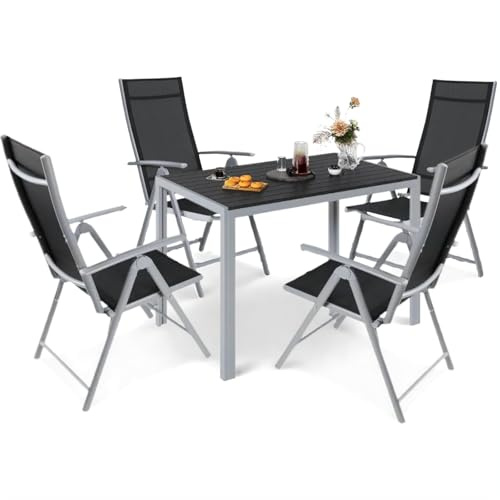 LIFERUN 5-Teiliges Gartenmöbel Set, Aluminium Balkonmöbel Set, 4pcs Verstellbare Hochlehner Klappstühle +110x70cm WPC Wetterfest Rechteckiger Terrassentisch,Essgruppe Sitzgruppe Outdoor, Silber Grau