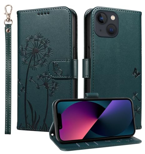 Trugox Wallet Case for Apple iPhone 14 Phone Case Leather Dandelion with Credit Card Holder Purse Kickstand Folio Book Folding Flip Case Cover Women Shockproof - Teal Blue