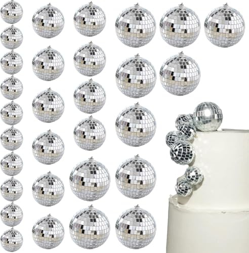 30-Piece Silver Mirror Disco Ball Set with Hanging Strings for Retro Party Decor, Christmas, Weddings, and Events