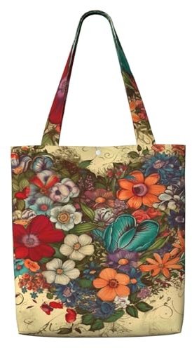 MMSJSBVY Sac fourre-tout en toile de galets noirs, sac fourre-tout léger en polyester, sac à main réutilisable pour le travail, l'école et l'épicerie, Cœur vintage en forme de fleur, Taille unique