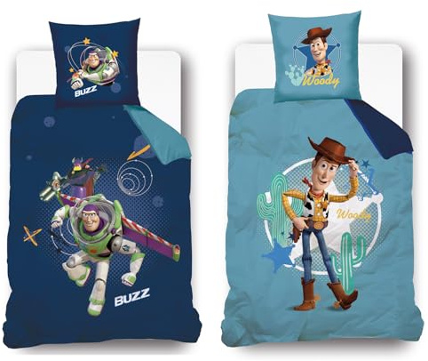 Disney Wendbarer Bettbezug Toy Story – Vorderseite Buzz der Blitz – Rückseite Woody – 140 x 200 cm + 1 Kissenbezug – 100 % Baumwolle – Blau