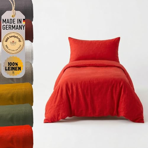 chambry Premium Bettwäsche 100 % Leinen - handgefertigt in Deutschland - atmungsaktiv temperaturausgleichend bügelfrei - Bettbezug 135x200cm + Kissenbezug 40x80cm - Rot