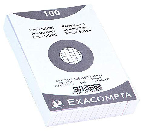Exacompta - Réf. 10202E - Paquet de 100 fiches bristol quadrillées 5x5 non perforées - sous film - compatibles avec imprimante jet d'encre, laser et photocopieur - format 100 x 150 mm - couleur blanc