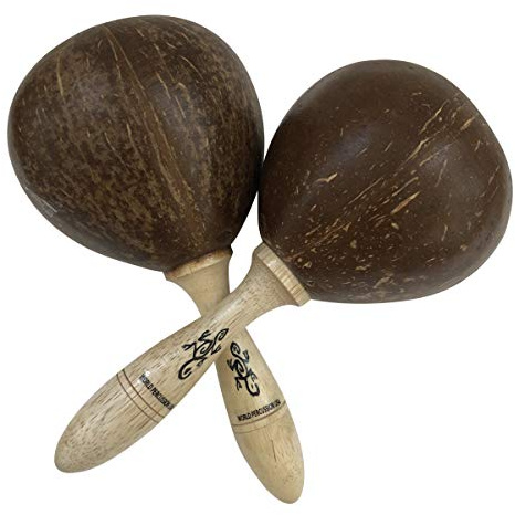 Large Coconut Maracas Shaker Pair 2 - Authentic World Percussion Instrument - Natural Finish, Solid Wood Handle, Filled with Pebbles and Beads by World Percussion USA