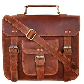 Jaald Leather Messenger Bag Laptop Case Office Briefcase Gift For Men Computer Distressed Shoulder Bag, Brown, S, Vintage