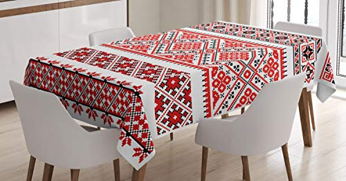 ABAKUHAUS Kunst Tischdecke, Ukranian Aufwändige Borders, Wasserfest Waschbar mit Klar Sichtbaren Farben kein Verblassen Personalisiert, 140 x 170 cm, Zinnoberrot Weiß Schwarz
