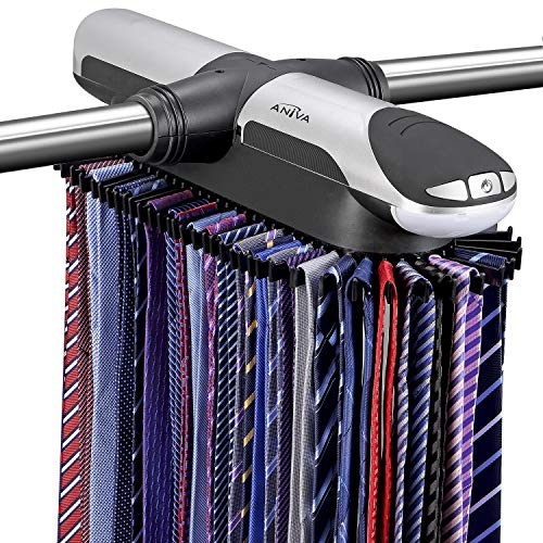 Aniva Motorized Tie Rack Closet Organizer with LED Lights Includes J Hooks for Wired Shelving Stores Up to 72 Ties & 8 Belts, Operates with Batteries