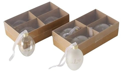 RiloStore 12 STK Ostereier 6cm Glas matt klar Gold Farben Weiss Schrift Sprüche 2x6 Hänger o639 Dekoeier Osterdeko Glaseier EDEL Eier Ostern Anhänger Deluxe