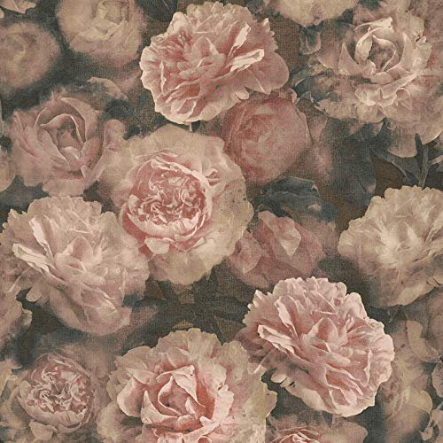 Vintage Tapete mit Blumen | Nostalgische Vliestapete mit Rosen in Altrosa Braun | Vlies Rosentapete romantisch für Schlafzimmer und Esszimmer | Rolle (10,05 x 0,53 m) = 5,33 m²
