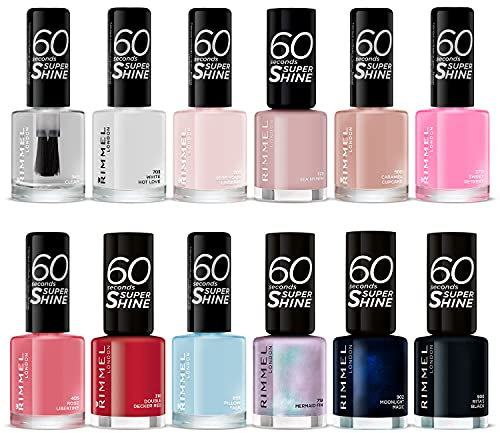 RIMMEL LONDON - 60 Seconds Super Shine Nail Polish Set - Super Glossy, Ultra Shiny Finish - Precise One Stroke Application - Up To 10 Days Wear - High Impact Colour - 12 Assorted Shades