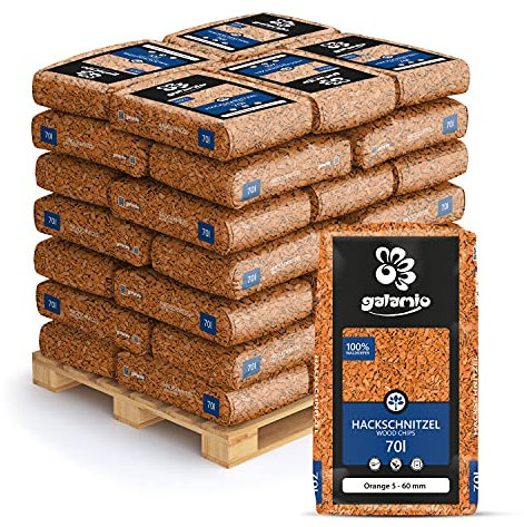 GALAMIO Holzhackschnitzel Orange Hackschnitzel Mulch Natur Wald Kiefer Pinus Sylvestris Garten Dekor Holz Grob 5-60mm 70l x 36 Sack 2.520l / 1 Palette Paligo