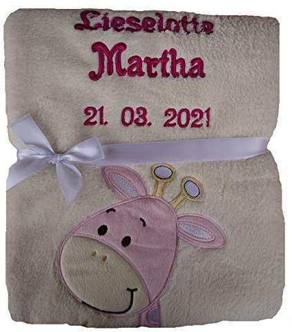 Wuff-Dogsworld Babydecke personalisiert für Neugeborene Jungen und Mädchen mit Namen Bestickt - Geburtsgeschenk Baby Geburt Taufe - Babygeschenk Decke - Geburtstag Kuscheldecke (beige Giraffe rosa)