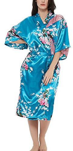 Robe kimono en satin pour femme - Imprimé rose - Paon - Pour demoiselle d'honneur - Vêtement de nuit, Paon Floral Lac Bleu, 3XL grande taille