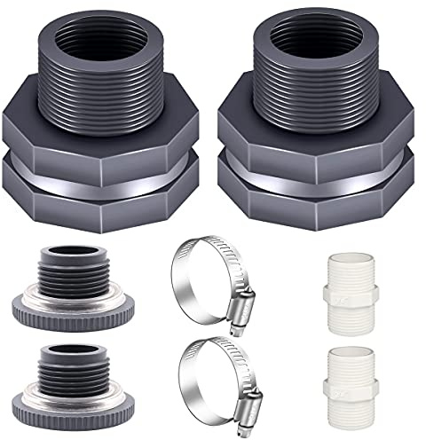 Tnuocke 2PCS PVC Bulkhead Fitting 3/4 Inch with Plugs,water Pipe Connector,(21-38mm)Hose Clamps Kit,Water Tank Connector Adapter,Thru-Bulk Pipe Fitting for Rain Barrels,Water Tanks,Pools(Grey)H-07-2