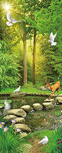 A.Monamour Pegatinas de Puerta Autoadhesivo 3D Paisaje De Jardín De Árboles Verdes Peces En El Estanque Paloma Aves Ciervos Vinilo para Puertas Mural PVC Pegatinas de Pared Poster 90 x 200 cm