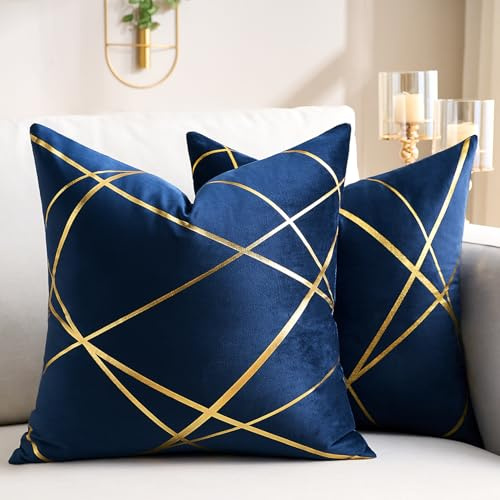 Cushion Cover 45 x 45 cm Navy Blue Gold Lines Decorative Pillow Covers Gold Lines Geometry Cushion Living Room Bedroom Bench Cushion Sofa Set of 2