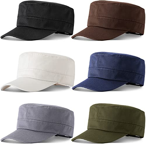 6 Pieces Military Style Hat Cadet Cap Army Fitted Basic Army Vintage Military Cap Adjustable Costume Cotton Twill Flat Top Hats for Men Women, Solid Color