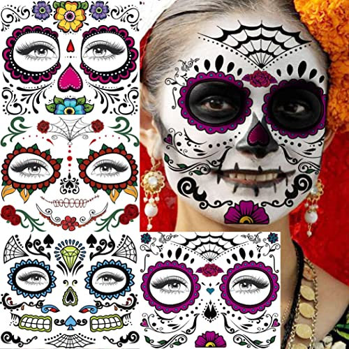 Shegazzi 4 Blätter Maske Temporäre Tattoos Halloween Kostüm Damen Frauen Männer, Fake Tattoos Gesicht Gesichtstattoo Skelett Spinnennetz, Schminke Erwachsene Halloween Accessoires Maskerade Zubehör 3D