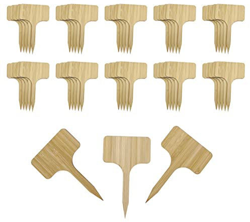 JZK 50x Etiquetas de plantas madera tipo T para plantas aire libre, palos bambú etiqueta plantas, madera etiquetas de plantas para etiquetar plántulas, etiquetas marcadores de plantas