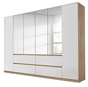 Rauch Möbel Mainz Schrank Kleiderschrank Drehtürenschrank Weiß/Eiche Sonoma, Holz, 6-türig Spiegel, 4 Schubladen inkl. Zubehörpaket Basic 4 Einlegeböden, 4 Kleiderstangen, grifflos BxHxT 271x210x54 cm