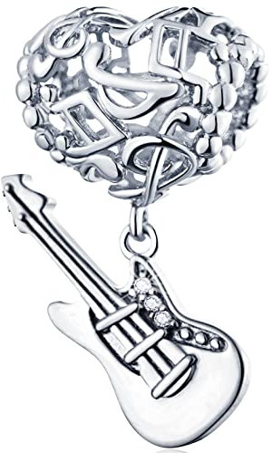 I Love Music Heart Charms Dangle Guitar Charm, 925 Sterling Silver Openwork Musical Note Pendant Beads fit Pandora Bracelet/Necklace, Gift for Musician/Teacher/Son/Best Mum