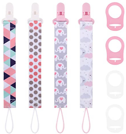 4 Pezzi Catenella Portaciuccio per Bambini,Catenella Ciuccio Tessuto Adatto per Ciucci Massaggiagengive, Set Catenelle per Ciuccio con 4 Pezzi Ciuccio Clip Adattatore per Neonato Doccia