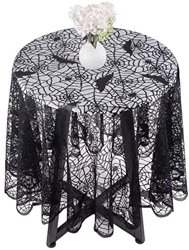 mookaitedeocr 69 Inches Polyester Spitze Tischdecke Runde Schwar Spinnennetz Tischwäsche Fledermaus Tischtuch für Dinner Halloween Parteien Gothic Tisch deko